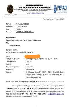 Laporkan Dugaan Perselingkuhan dengan Istrinya, Advokat Pangkalpinang Adukan Oknum TNI ke Denpom, Minta Pangdam Turun Tangan