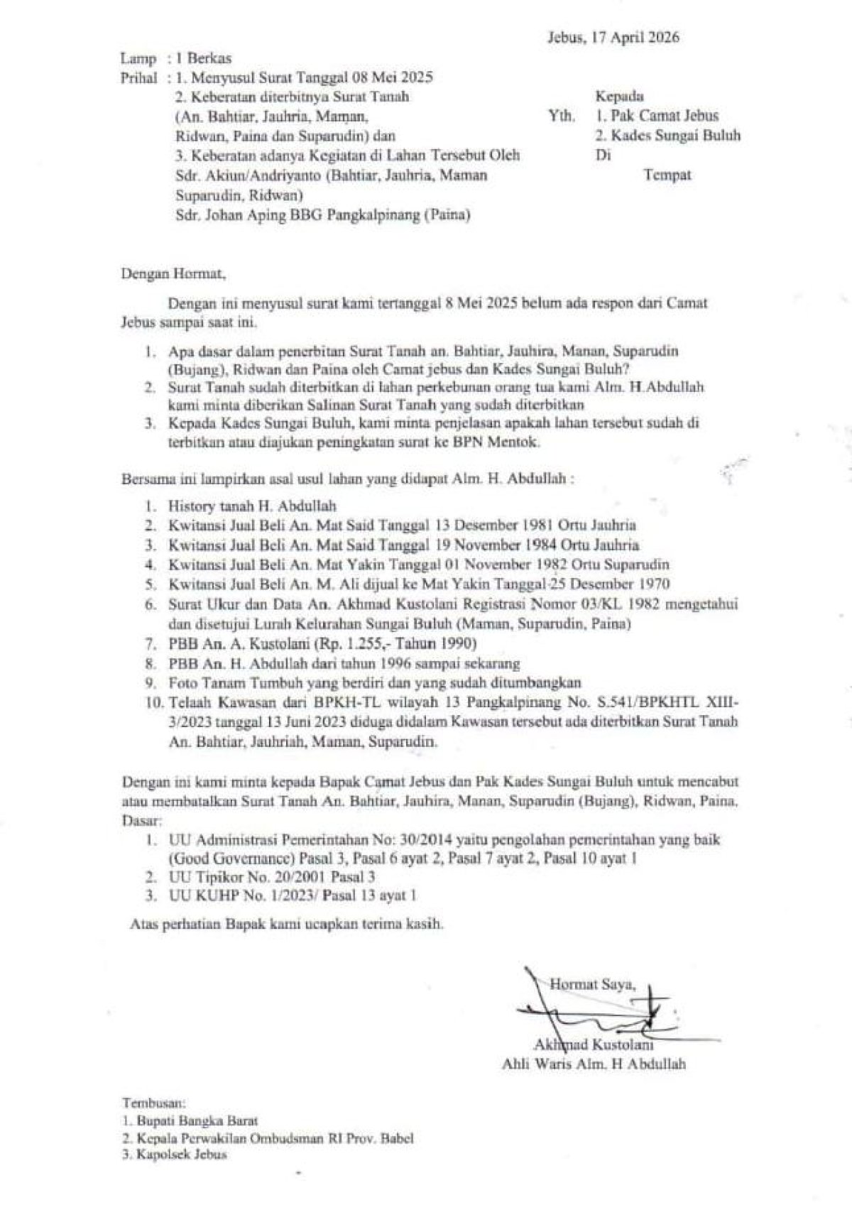 Kustolani Gugat Terbitnya Surat Tanah, Camat Jebus Turun Tangan Mediasi Sengketa Lahan