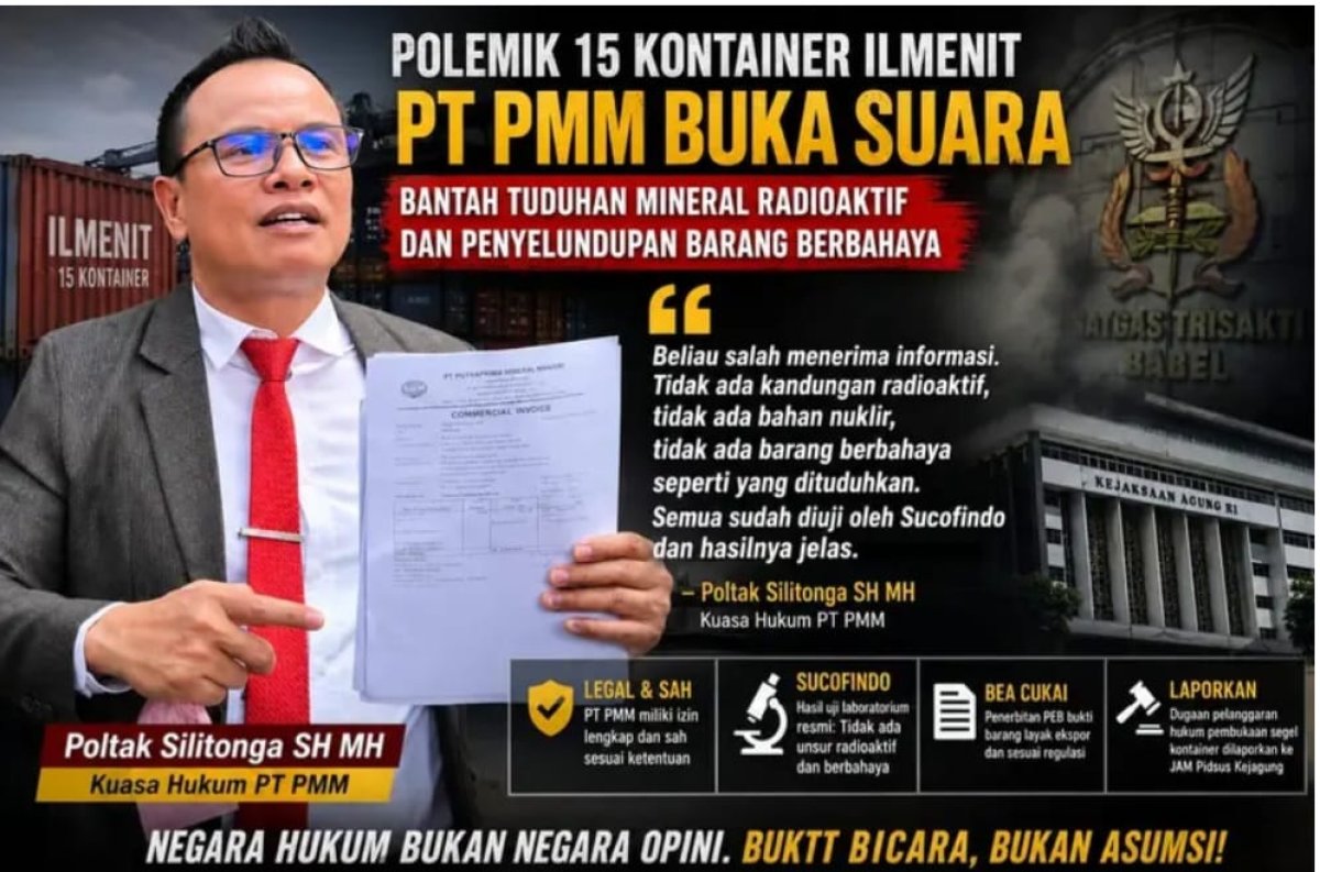 Poltak Silitonga, SH.,MH Kuasa Hukum PT PMM Bantah Tuduhan Penyelundupan, Tegaskan Ekspor Ilmenit Telah Kantongi Izin Resmi