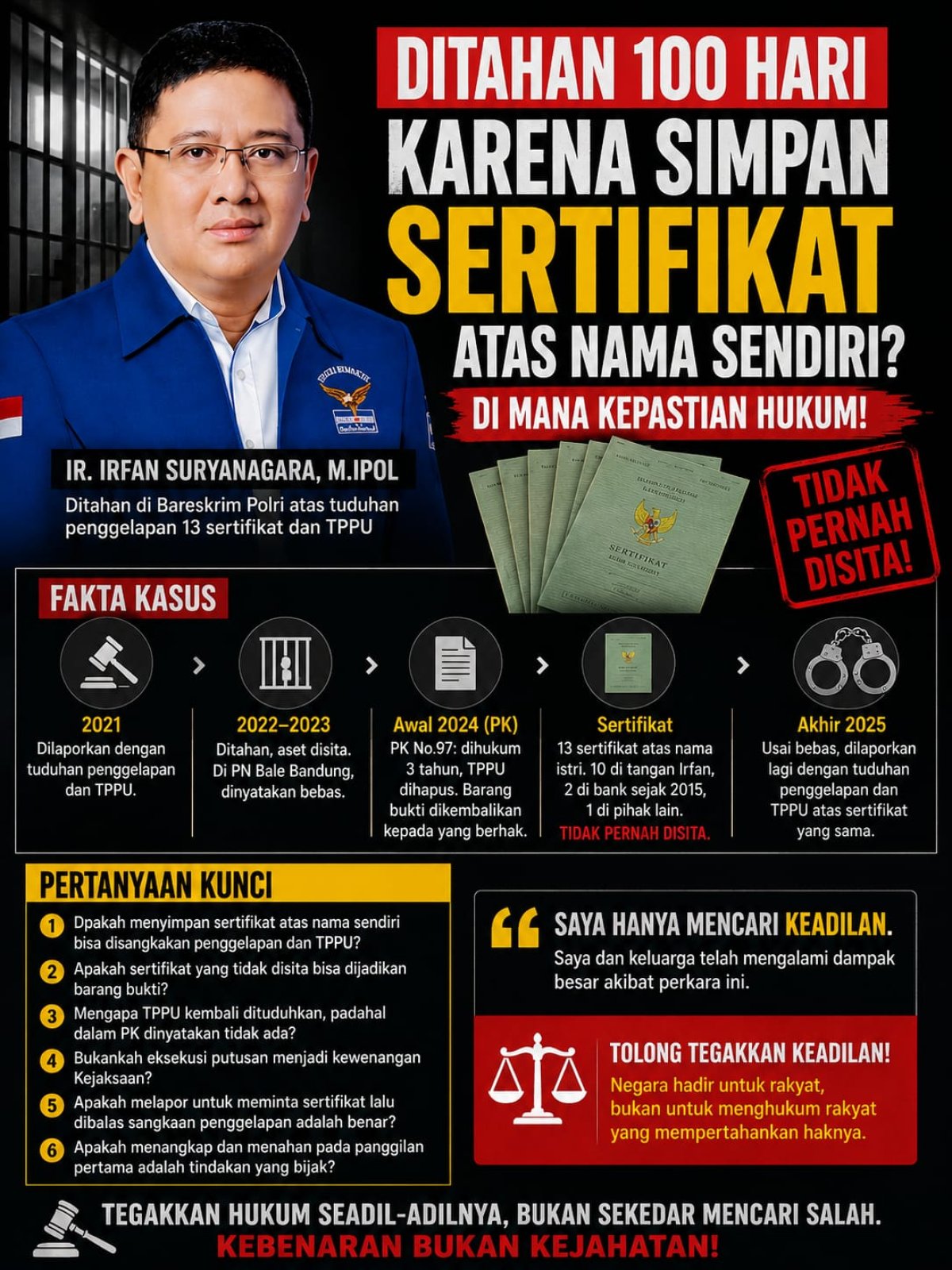 "Apakah Menyimpan Sertifikat Sendiri Bisa Dipidana?" Irfan Suryanagara Gugat Rasa Keadilan