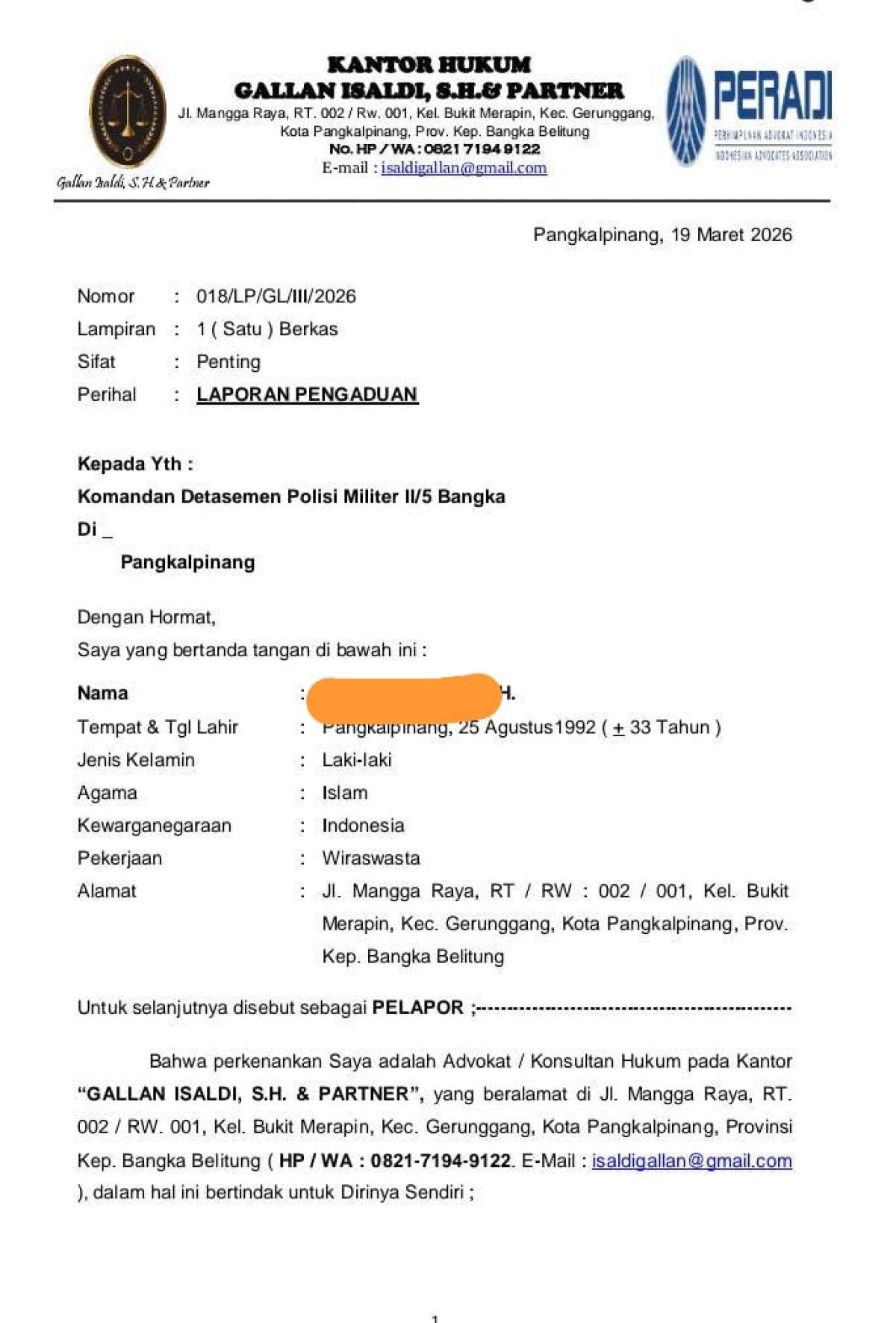 Laporkan Dugaan Perselingkuhan dengan Istrinya, Advokat Pangkalpinang Adukan Oknum TNI ke Denpom, Minta Pangdam Turun Tangan