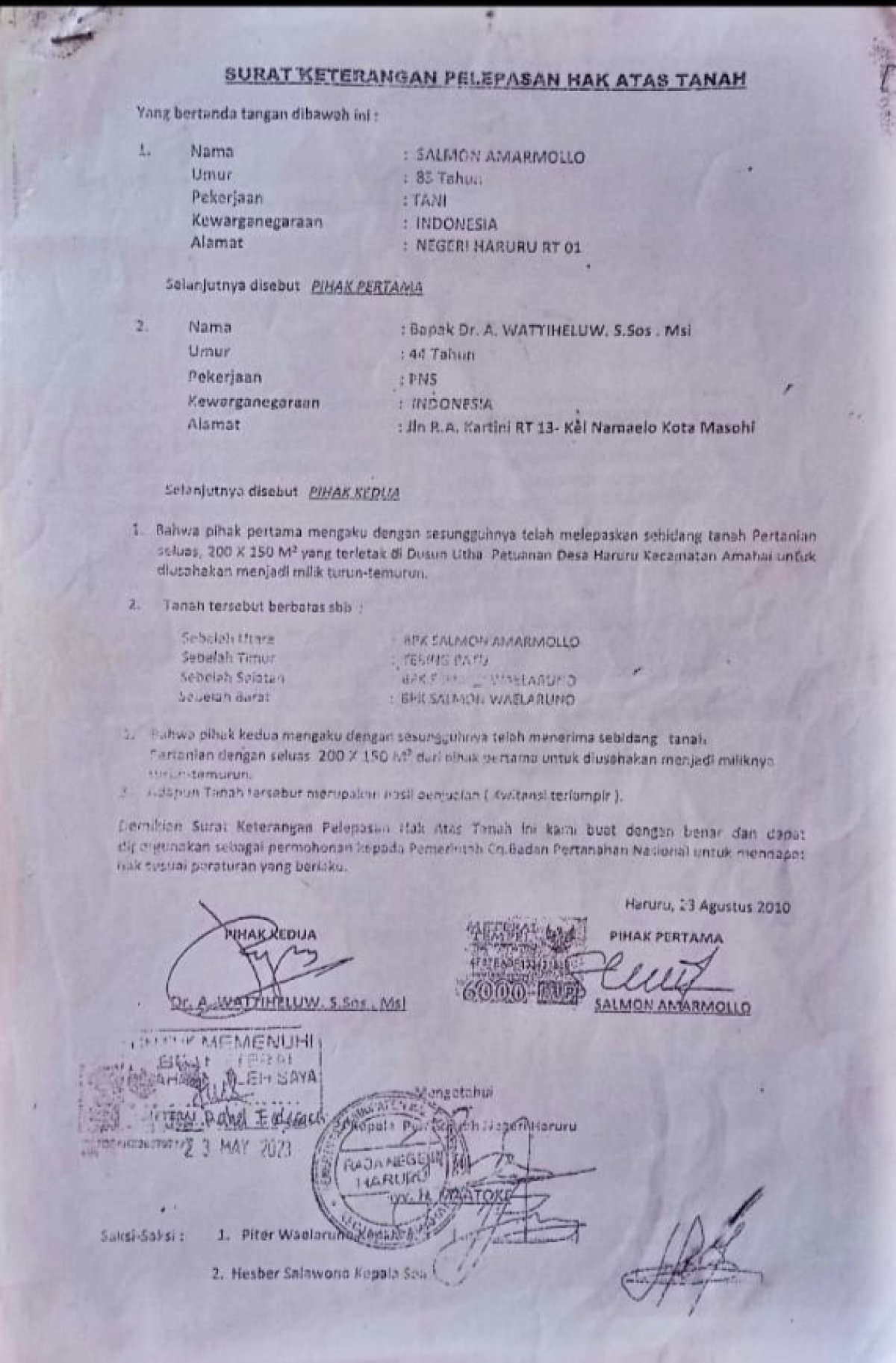Pembatalan Sertifikat Hak Milik No : 02181. a.n. Dr Hi. A. Wattiheluw,S.So.,M.Si. Oleh PTUN. Status Tanah Tetap Hak Milik Dr Hi. A.Wattiheluw.