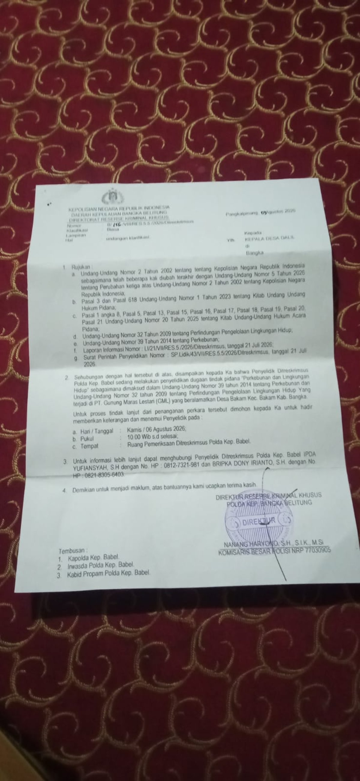 Berkaitan dengan PT GML Polda Babel Mulai Periksa Kades Dalil, ALMASTER Minta Delapan Kades Lain Ikut Dipanggil 