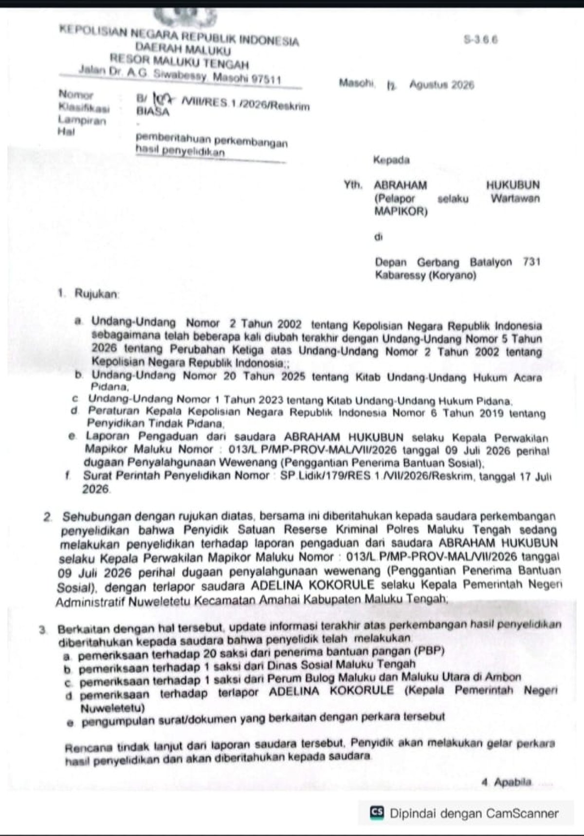 SP2HP Polres Malteng : Dugaan Penyalahgunaan Wewenang Raja Negeri Adm Nuweletetu Adelina Kokorule, Segera Digelar Perkara