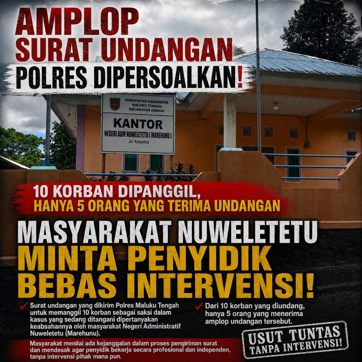 Amplop Surat Undangan Polres Dipersoalkan : 10 Korban Dipanggil, Hanya 5 Orang Yang Terima Undangan