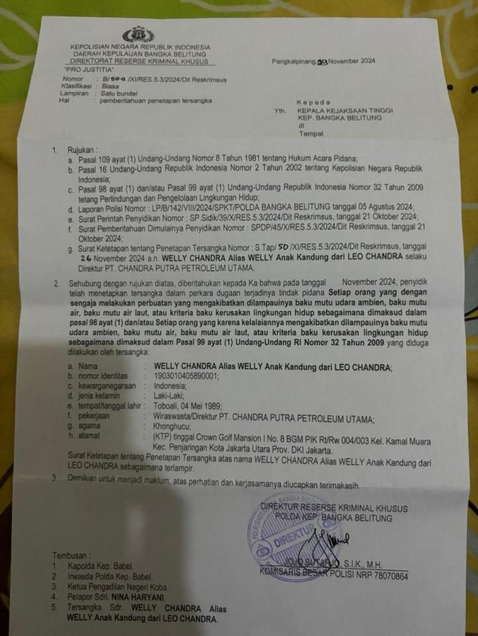 Polda Babel Tetapkan Tersangka dalam Kasus Pencemaran Limbah SPBU Kejora